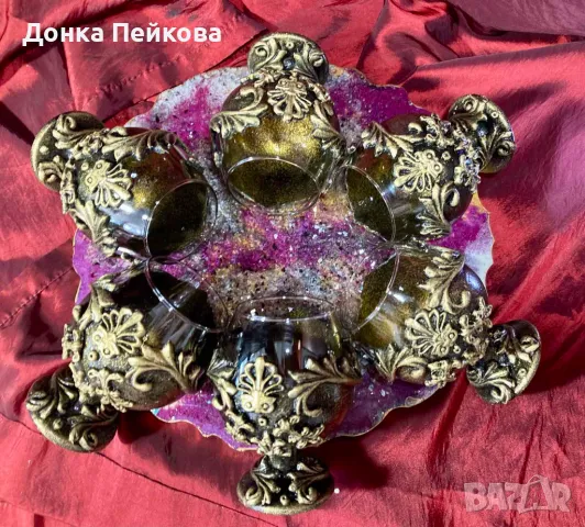 Ръчно изработен сервиз за коняк в старинно злато от 6 части, снимка 9 - Чаши - 48634672