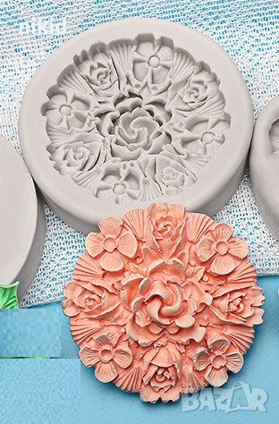 Кръг с цветя и роза хортензии силиконов молд форма декорация торта фондан, снимка 1