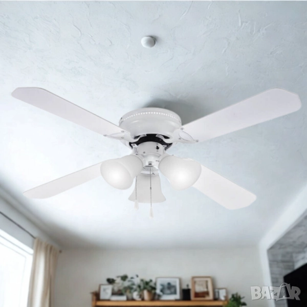 Таванен вентилатор с осветление Muhler MCF4262W N – 107 см, 4 перки, 3xE27, 55W, MDF, снимка 1