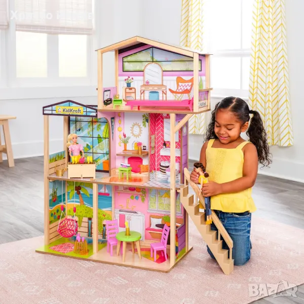 Дървена къща за кукли с аксесоари и мебели 3 етажа 104см, снимка 1