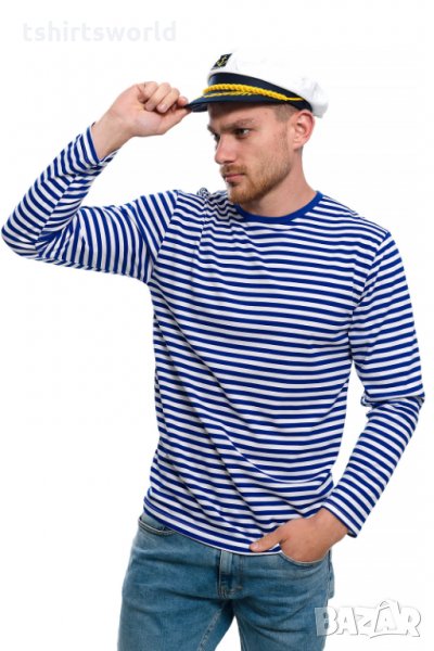 Нов мъжки моряшки комплект: моряшка блуза с дълъг ръкав и капитанска шапка, снимка 1
