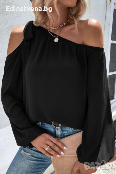 Дамска блуза в черен цвят с дълъг ръкав и ефектно завръзване при рамото, снимка 1