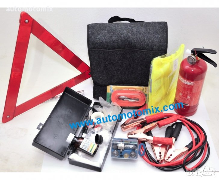 Авариен комплект за автомобил 05, С пожарогасител прохов с манометър-годен до 2027г., снимка 1