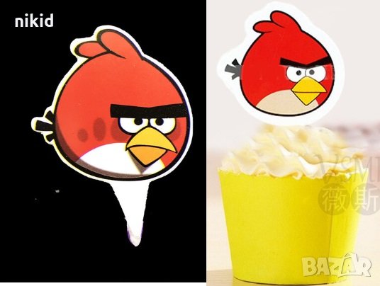 12 бр Angry Birds енгри бърдс червено пиле картон топери за кексчета мъфини торта рожден ден украса, снимка 1