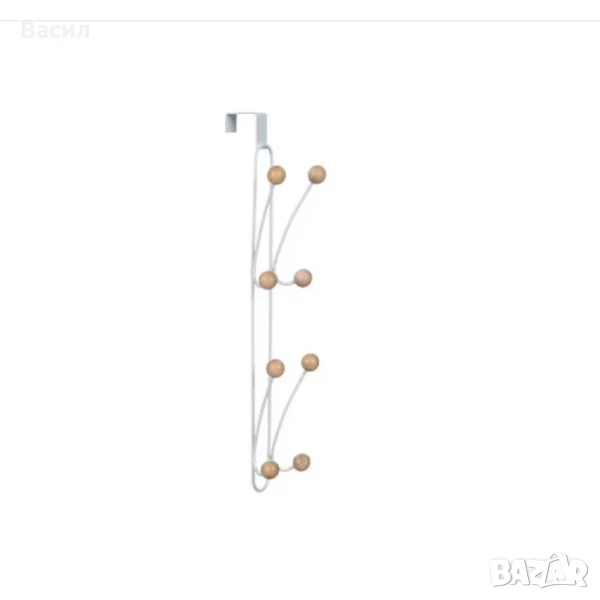 Закачалка за врата с извита основа и 4 куки завършващи с 8 дървени топчета в сребрист цвят, снимка 1