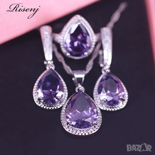 Сребърни комплекти сапфир, рубин - обици, колие и пръстен, снимка 1