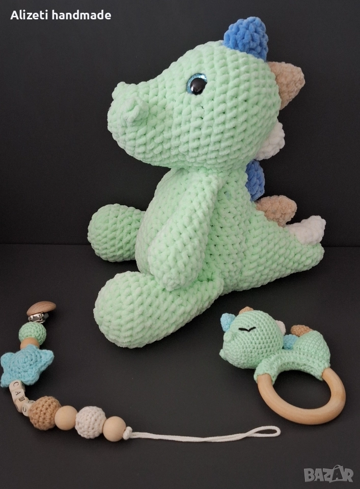Плетен динозавър, дрънкалка и клипс за биберон, снимка 1