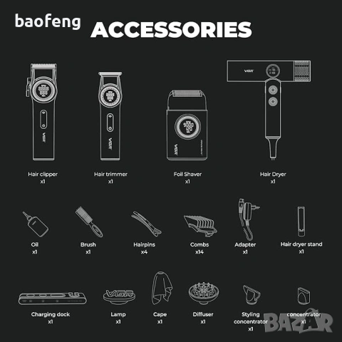 Нов 32 части VGR Stepless 4 в 1 за барбер / фризьори Професионален комплект машинки за подстригване , снимка 4 - Фризьорски принадлежности - 53525140