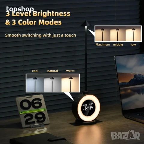 НОВА LED настолна лампа с часовник, димируема нощна лампа, сензорна с бял шум, 2 аларми, RGB..., снимка 8 - Настолни лампи - 50494936