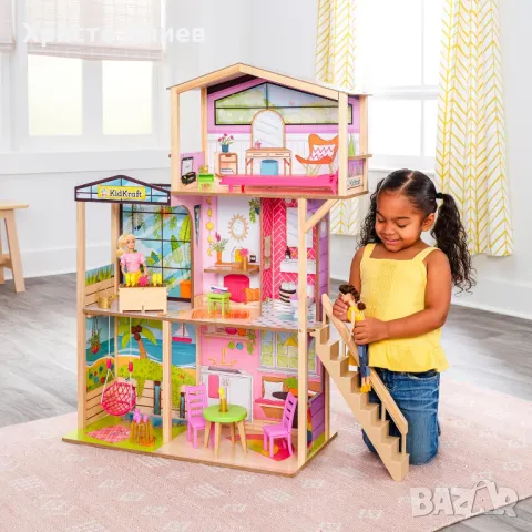 Дървена къща за кукли с аксесоари и мебели 3 етажа 104см, снимка 2 - Кукли - 49494805