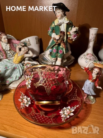 EGERMANN BOHEMIAN RUBY RED CRYSTAL Cup and Saucer - невероятно красив и стилен двоен сет , снимка 12 - Антикварни и старинни предмети - 52638785
