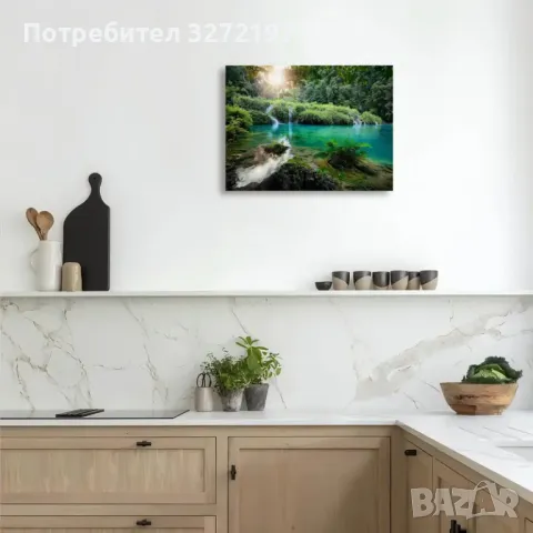 Картина на платно с дървена рамка-Водопад при залез,30x40 см., снимка 3 - Картини - 48463985