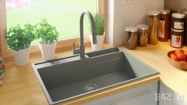 Сива кухненска мивка от гранит Осло 80 Премиум 780 x 530 мм, снимка 5 - Мивки - 47714211