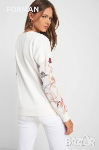 Бяла блуза от плътно трико с цветни ръкави от тюл, снимка 2 - Блузи с дълъг ръкав и пуловери - 37814244