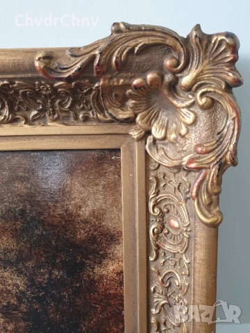 48х41см/малка стара картина масло върху фазер/горски пейзаж/път-река/барокова дървена рамка, снимка 6 - Картини - 51432554