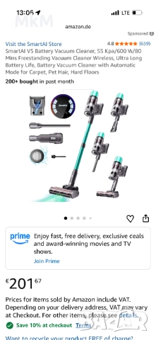 SmartAI V5 безкабелна прахосмукачка, 55 Kра/600 W/80минути , снимка 2 - Прахосмукачки - 52266027