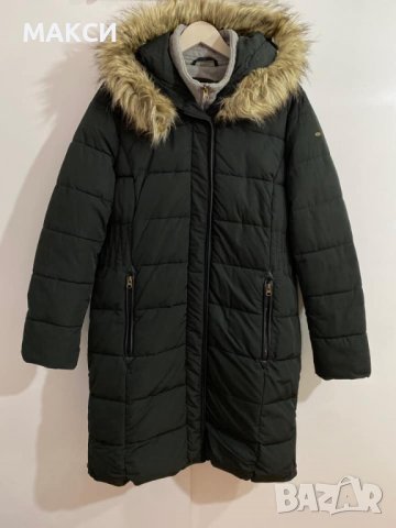 Макси дълго ватирано яке с качулка, ципове и странични, джобове, капси и фина подплата в тъмнозелено, снимка 1