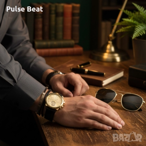 Елегантен мъжки комплект – часовник с черна каишка и гривна с метален щит, снимка 4 - Мъжки - 52045183