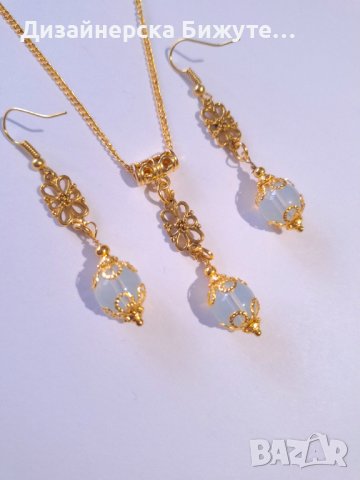 Прекрасен комплект бижута обеци и колие със скъпоценни камъни Опал и филигранни орнаменти цвят злато, снимка 4 - Бижутерийни комплекти - 43414640