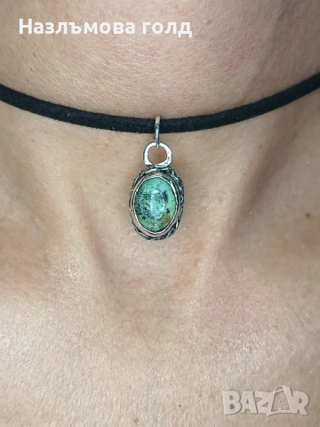 Сребърен чокър със зелен яспис, снимка 4 - Колиета, медальони, синджири - 50800668