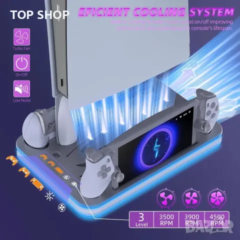 Докинг станция, зарядна и охлаждаща станция за PS5, RGB LED, стойка за слушалки и PS Portal, сива, снимка 5 - Аксесоари - 49335578