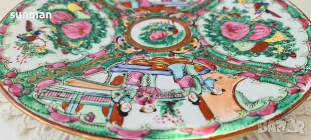 Китайски порцелан "Famille Rose Medallion", ръчно рисувана чиния, снимка 4 - Антикварни и старинни предмети - 39257188