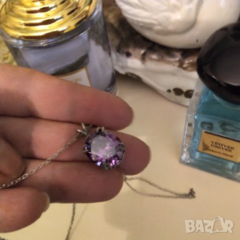 Сребърен синджир с висулка аметист , снимка 2 - Колиета, медальони, синджири - 36952547