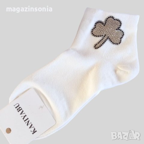 Памучни дамски чорапки с апликация Детелинка от блестящи камъчета, снимка 4 - Дамски чорапи - 43744387