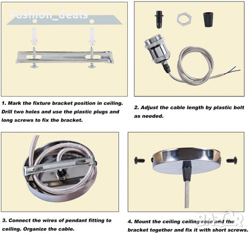 Хромирана Висулка за окачване на таван с E27 Държач за лампа, снимка 4 - Други - 33623402