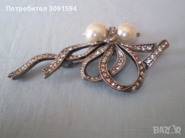 дизаинерска  красива  сребърна брошка перли и циркони, снимка 3 - Антикварни и старинни предмети - 36875288