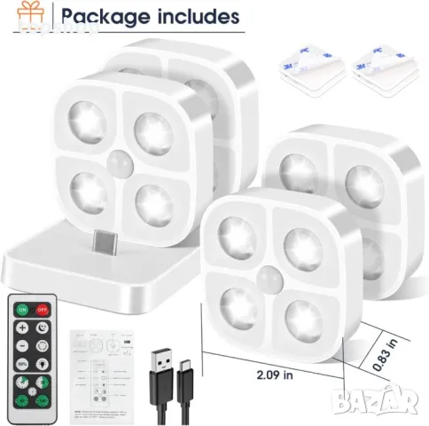 LADYSONS Вътрешни лампи със сензор за движение, безжични LED, 4 броя, снимка 7 - Лед осветление - 50302999