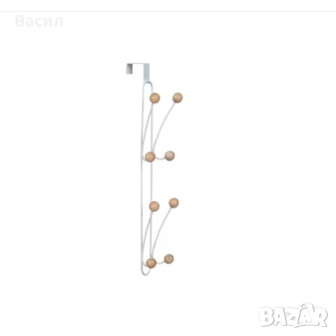 Закачалка за врата с извита основа и 4 куки завършващи с 8 дървени топчета в сребрист цвят, снимка 1