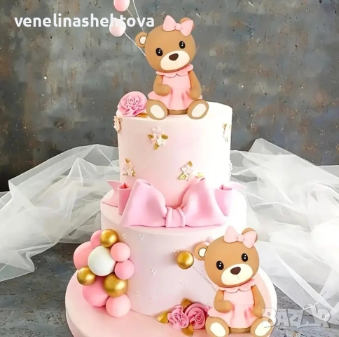 Комплект фигурка розово мече с рокля 30 броя топчета за декорация на торта Рожден ден , снимка 2 - Други - 53387016