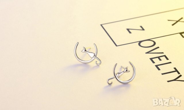 Сребърни Обеци Лунна Котка - 925 печат сребро BT429, снимка 4 - Обеци - 29058904