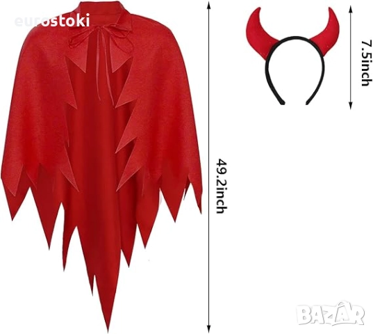 Комплект костюм за Хелоуин Дявол, червен назъбен плащ, рога, червен триъгълен зъбец, косплей костюм, снимка 4 - Костюми - 52136259