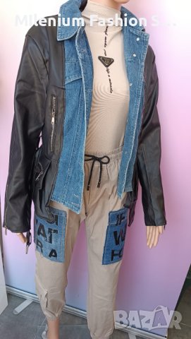 Уникално дамско кожено яке с дънков елемент, снимка 4 - Якета - 43759875