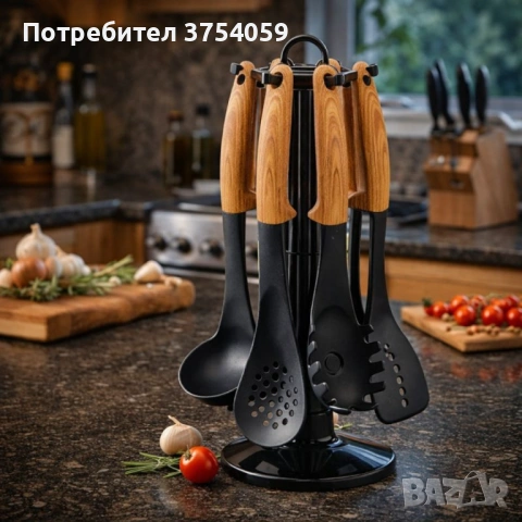 Комплект кухненски прибори 6 части с въртяща се стойка Cheffinger – дървесна визия, практичен и стил, снимка 4 - Прибори за хранене, готвене и сервиране - 53174080