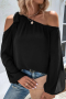 Дамска блуза в черен цвят с дълъг ръкав и ефектно завръзване при рамото, снимка 1 - Блузи с дълъг ръкав и пуловери - 44843732