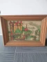 дървена рамка дърворезба 85х62см/голям стар машинно тъкан гоблен/замък-езеро-лодки, снимка 1
