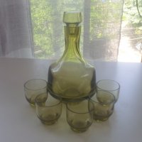 Ракиен комплект от бутилка с тапа, 5 чашки от зелено стъкло, снимка 12 - Чаши - 33174248
