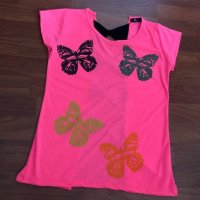 Дамска неонова розова тениска с пеперуди и гол гръб , снимка 3 - Тениски - 28670849