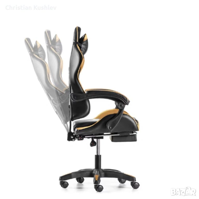 Черен геймърски стол с златисти акценти и разтегляема поставка за крака – луксозен комфорт без компр, снимка 1