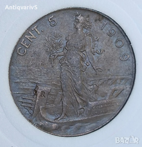 Стара, рядка монета - 5 чентисими 1909г. 
UNC , снимка 1