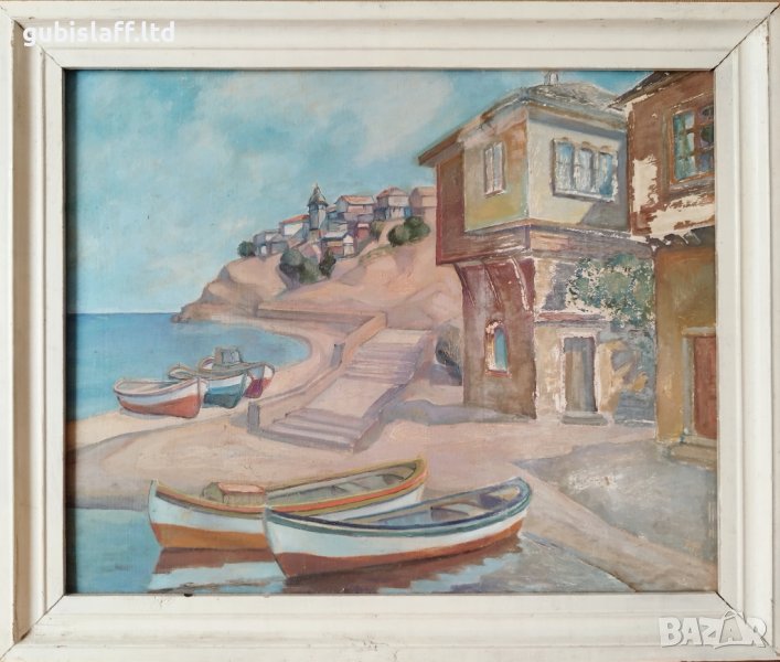Картина, Несебър, море, лодки, 1990 г., снимка 1