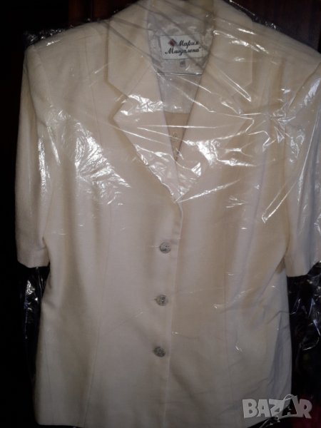 Дамски летен бял костюм къс ръкав от шантунг с подплата, снимка 1