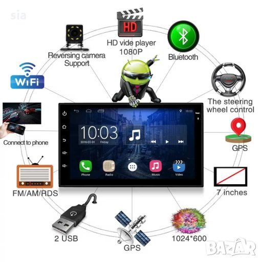 Мултимедия 7'' Android ,GPS Навигация , Bluetooth , WiFi ,2Din Мултимедиен плейър Универс, снимка 1