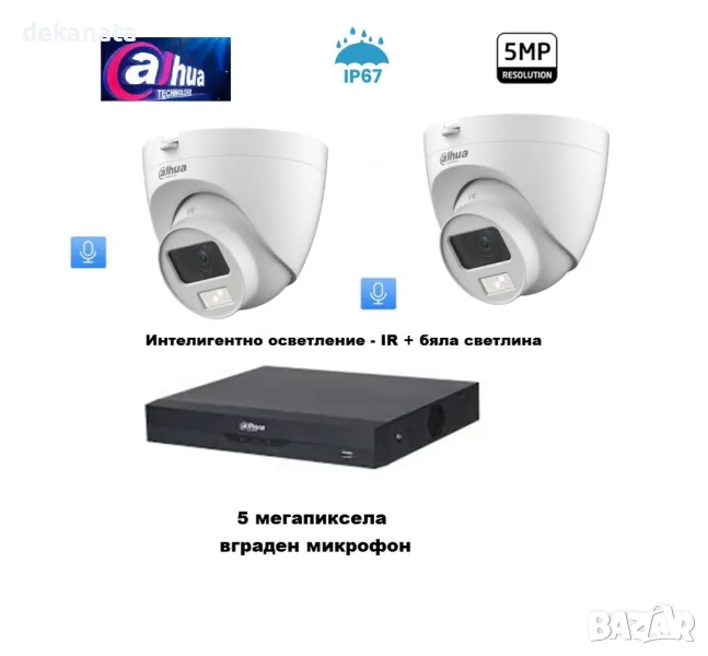 Dahua 5 МР Full Color видеонаблюдение - DVR + 2 куполни Full Color камери с вграден микрофон, снимка 1