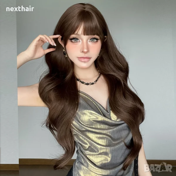 Чуплива висококачествена кафява перука с бретон и зигзаг път, снимка 1