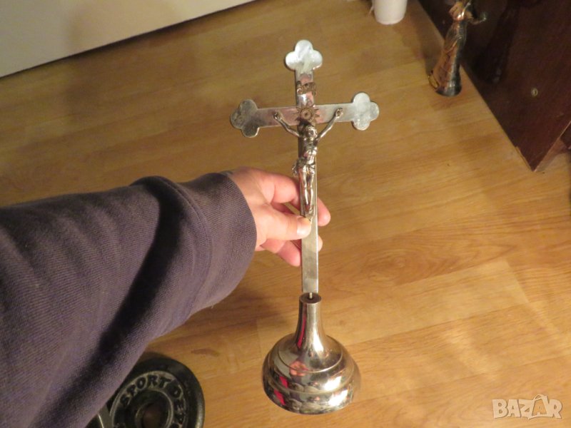 Настолен Стар голям  метален кръст разпятие Исус Христос 32 х 13см религия, снимка 1