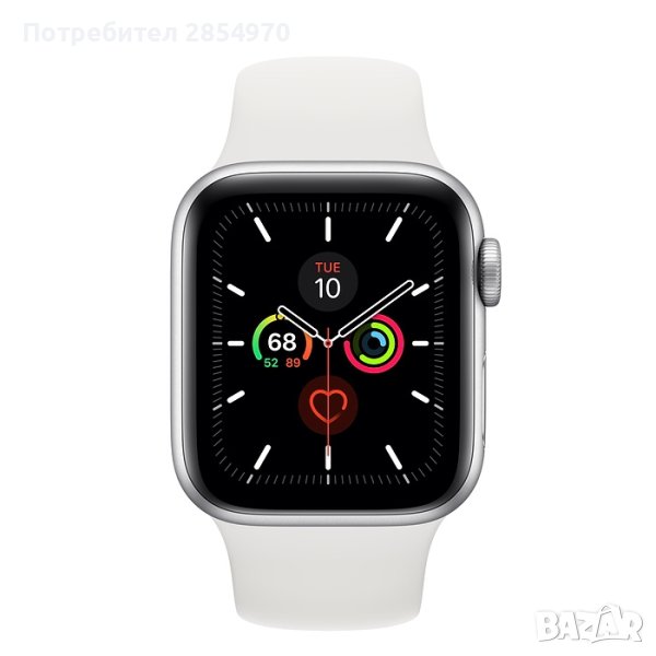 Apple Watch Series 5 GPS, 44mm Silver Aluminium Case with White Sport Band, снимка 1